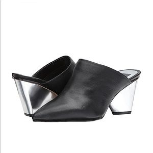 DOLCE VITA ‘Adonis’ Black Leather Mules with Silver Abstract Heel SZ 6.5